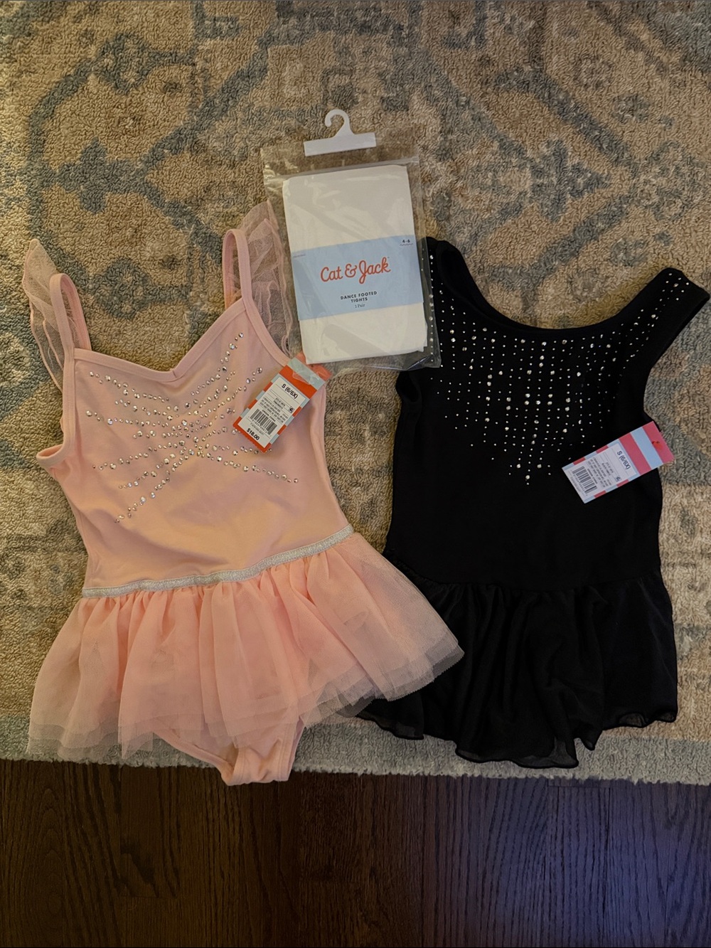 Cat & Jack Pink & Black Rhinestone Tutu Leotards - Dance Costume Set w/ tights